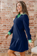 Load image into Gallery viewer, Navy Blue Contrast Striped Cuffs Polo Collar Patchwork Long Sleeve Ruffle Hem Mini Dress
