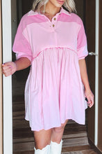 Load image into Gallery viewer, Pink Raw Seam Color Block Patchwork Button Polo Collar Mini Dress
