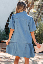 Load image into Gallery viewer, Beau Blue Button Down Short Puff Sleeve Ruffle Hem Patchwork Denim Dress
