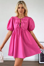 Load image into Gallery viewer, Bright Pink Solid Color Puff Sleeve Tie Front High Waist Mini Dress
