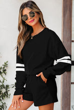 Load image into Gallery viewer, Orange Varsity Striped Sleeve Drop Shoulder Sweatshirt and Short Set
