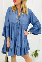 Load image into Gallery viewer, Black Chambray Ruffled 3/4 Sleeve Tiered Split V Neck Mini Dress
