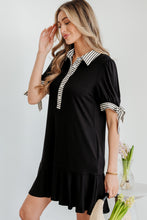 Load image into Gallery viewer, Black Stripe Detail Polo Collar Half Buttons Tied Short Sleeve Shift Mini Dress
