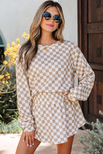 Load image into Gallery viewer, Khaki Checkered Long Sleeve Crop Top High Waist Skort 2pcs Set
