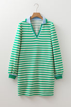 Load image into Gallery viewer, Green Striped Contrast Collar Split Neck Long Sleeve Mini Dress
