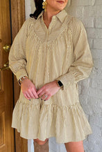 Load image into Gallery viewer, Brown Stripe Collared Neck Cuffed Long Sleeve Drop Waist Mini Dress
