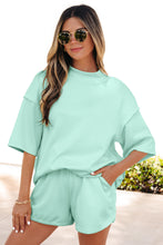 Load image into Gallery viewer, Yellow Cream Solid Color Exposed Seam Mock Neck Oversize Tee Casual Shorts 2pcs Outfit
