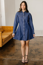 Load image into Gallery viewer, Ashleigh Blue Denim Shirt Collar Long Sleeve Flared Mini Dress
