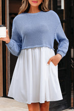 Load image into Gallery viewer, Sky Blue Stripe Patchwork Pleated High Waist Loose Mini Dress
