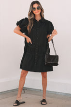 Load image into Gallery viewer, Black Shirt Style Button Down Puff Sleeve Ruffle Hem Dress
