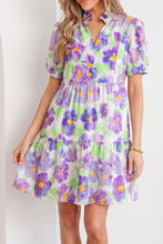 Load image into Gallery viewer, Purple Floral V Collar Short Sleeve Tiered Ruffle Mini Dress
