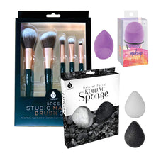 Load image into Gallery viewer, Beauty Essentials Bundle: Facial Makeup Blender Sponge + Natural Facial Konjac Sponge Duo Set(3 pack) + 5 Pcs Studio Makeup Brush Set (Black)
