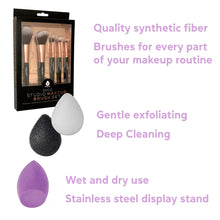 Load image into Gallery viewer, Beauty Essentials Bundle: Facial Makeup Blender Sponge + Natural Facial Konjac Sponge Duo Set(3 pack) + 5 Pcs Studio Makeup Brush Set (Black)
