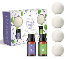 Load image into Gallery viewer, Wool Dryer Balls Bundle - Reusable Laundry Balls Made from Pure New Zealand Wool - Includes Lavender &amp; Peppermint Oils
