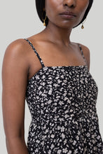 Load image into Gallery viewer, Ruched Strappy Mini Black Floral Dress
