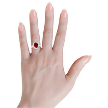 Load image into Gallery viewer, AGI Certified 3CTW Oval Lab Ruby Princess Diana Engagement Ring With Lab Diamond Halo in Choice of 14K White or Yellow Gold – 9x7mm
