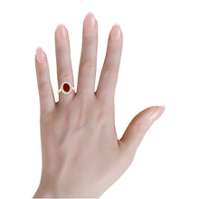 Load image into Gallery viewer, AGI Certified 3CTW Oval Lab Ruby Princess Diana Engagement Ring With Lab Diamond Halo in Choice of 14K White or Yellow Gold – 9x7mm
