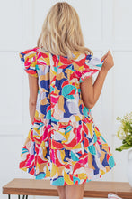 Load image into Gallery viewer, Pink Abstract Printed Ruffled Flutter Sleeve Tiered Mini Dress
