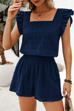 Load image into Gallery viewer, Black Textured Square Neck Top and Shirred High Waist Shorts Set
