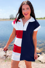 Load image into Gallery viewer, Navy Blue Americana Colorblock Stripes Zip up Collared T Shirt Mini Dress
