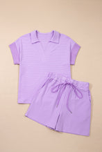 Load image into Gallery viewer, Sky Blue Stripe Dolman Sleeve Polo Shirt and Drawstring Shorts Set
