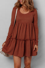 Load image into Gallery viewer, Straw Yellow Ribbed Frilled Trim High Waist Long Sleeve Mini Dress
