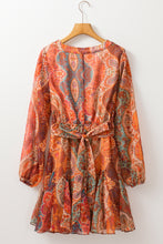 Load image into Gallery viewer, Orange Boho Paisley Print Long Sleeve Pleated Belted Mini Dress
