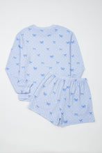 Load image into Gallery viewer, Sky Blue Valentines Bow Print Twisted Rib Loose Long Sleeve Top 2pcs Short Set

