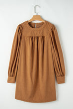 Load image into Gallery viewer, Desert Gold Corduroy Pleated Puff Sleeve Shift Short Dress
