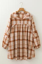 Load image into Gallery viewer, Brown Plaid Print Side Pockets Frilled Babydoll Mini Dress
