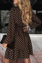 Load image into Gallery viewer, Chicory Coffee Polka Dot Long Sleeve Wrap V Neck Ruffle Hem Mini Dress
