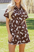 Load image into Gallery viewer, Brown Cowgirl Hats Boots Cactus Print Raw Edge Button Down Short Denim Dress
