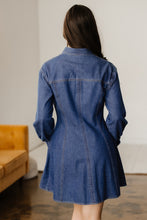 Load image into Gallery viewer, Ashleigh Blue Denim Shirt Collar Long Sleeve Flared Mini Dress
