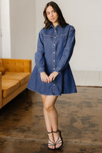 Load image into Gallery viewer, Ashleigh Blue Denim Shirt Collar Long Sleeve Flared Mini Dress
