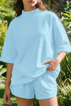 Load image into Gallery viewer, Yellow Cream Solid Color Exposed Seam Mock Neck Oversize Tee Casual Shorts 2pcs Outfit
