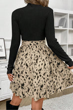 Load image into Gallery viewer, Black Ribbed Knit Patchwork Printed Belted A-line Dress
