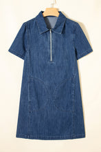 Load image into Gallery viewer, Blue Zip up Collared Short Sleeve Shift Mini Denim Dress
