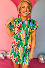 Load image into Gallery viewer, Green Abstract Print Frilled Neck Ruffled Sleeve Mini Dress

