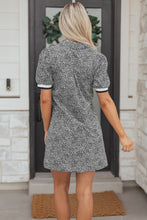 Load image into Gallery viewer, Black Leopard Print Contrast Striped Trim Polo Collar Short Sleeve Dress with Pockets

