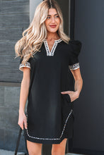 Load image into Gallery viewer, Black Leopard Trim Notched Neck Short Puff Sleeve Shift Mini Dress
