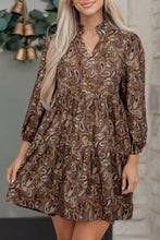 Load image into Gallery viewer, Brown Paisley Print Half Buttons Puff Sleeve Flowy Short Dress

