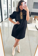 Load image into Gallery viewer, Black Leopard Patchwork Zip Collared Short Puff Sleeve Shift Mini Dress
