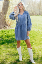 Load image into Gallery viewer, Myosotis Puff Sleeve V Neck Ruffled Loose Denim Mini Dress
