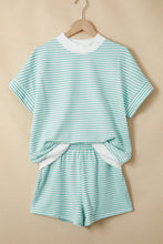 Load image into Gallery viewer, Sky Blue Stripe Cuffed Sleeve Contrast Mock Neck Tee Casual 2pcs Short Set
