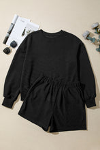 Load image into Gallery viewer, Black Ribbed Texture Baggy Drop Shoulder Pullover and Shorts Set
