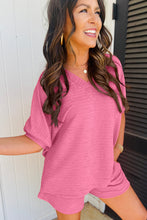 Load image into Gallery viewer, Apricot Textured V Neck T Shirt and Shorts Set
