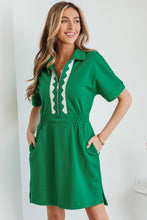 Load image into Gallery viewer, Bright Green Contrast Patchwork Half Zip Elastic Waist Short Sleeve Mini Dress
