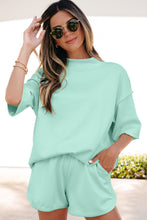 Load image into Gallery viewer, Yellow Cream Solid Color Exposed Seam Mock Neck Oversize Tee Casual Shorts 2pcs Outfit
