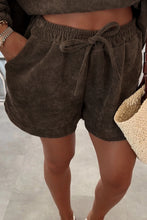 Load image into Gallery viewer, Dark Brown Solid Color Textured Knit Drop Shoulder Pullover Drawstring Shorts Set
