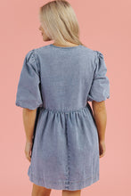Load image into Gallery viewer, Dusk Blue Bowknot Bubble Sleeve Short Denim Dress

